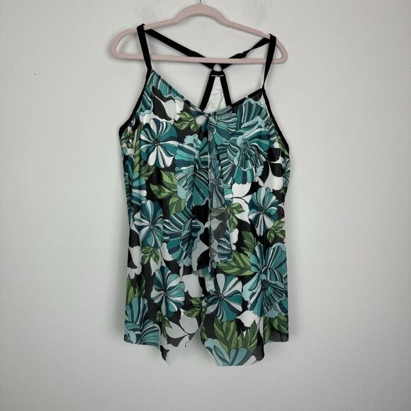 Beach House Swim Blue Tropical Floral Tankini Top Woman’s Plus 24w UPF 50+ - Picture 1 of 7